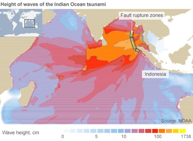 Карта, показывающая высоту волны цунами в Индийском океане 2004 года