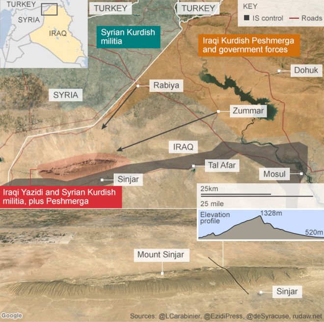Карта, показывающая наступление иракских курдских пешмерга на гору Синджар (19 декабря 2014 года)
