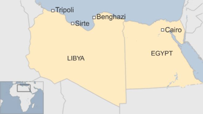 Карта с изображением ливийских городов Триполи, Бенгази и Сирт и столицы Египта Каира - 3 декабря 2015 года