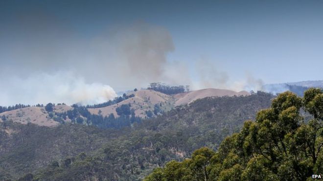Ущерб от пожара имуществу, окружающему холмы Аделаиды, доставленному из заповедника Монтакьют на северо-восток в направлении Гумерача и Керсбрук, недалеко от Аделаиды, Австралия, 04 января 2015 г.