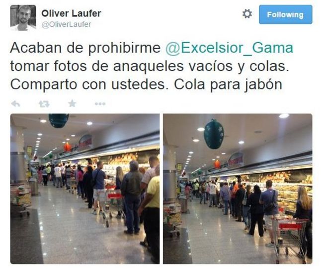 Твит на испанском с изображениями полок супермаркетов под ним