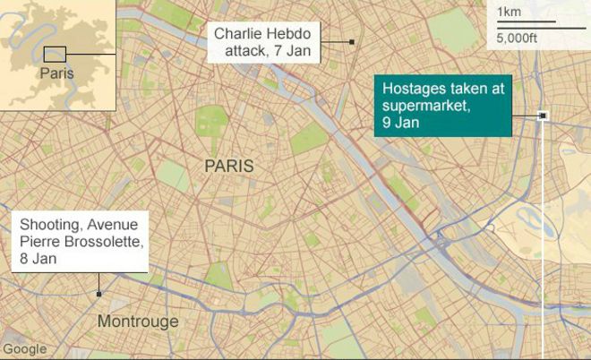 Карта Парижа с указанием мест трех смертоносных атак в январе 2015 года