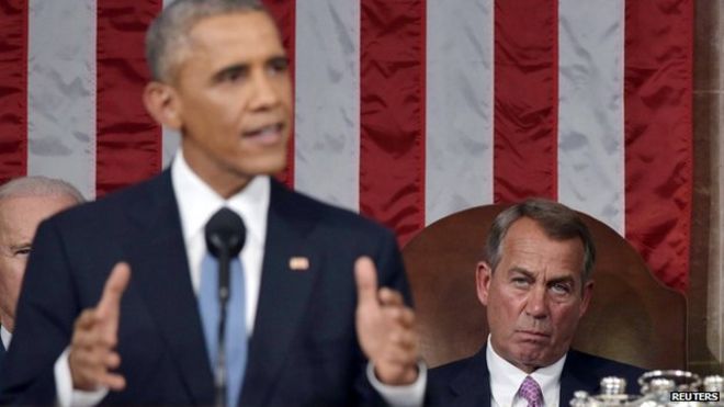 Спикер Палаты представителей США Джон Бонер слушает выступления президента США Барака Обамы