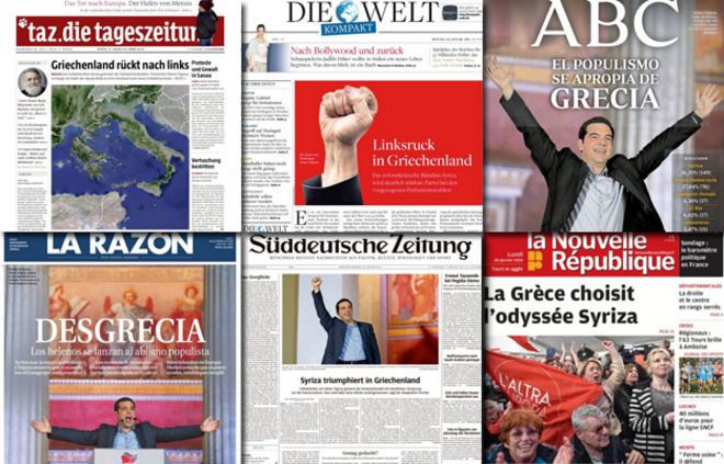 комбинированная фотография европейских газет, реагирующих на голосование в Греции