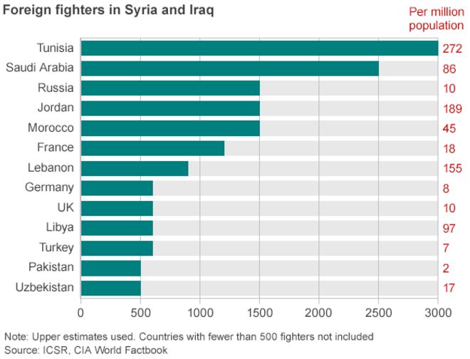 Диаграмма, показывающая происхождение и количество иностранных боевиков в Сирии и Ираке