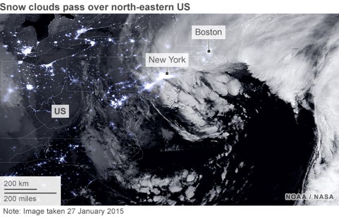 Снежные облака, проходящие над северо-востоком США