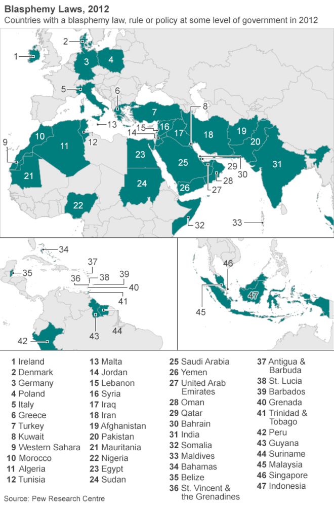 Графическое изображение стран с законами о богохульстве в 2012 году