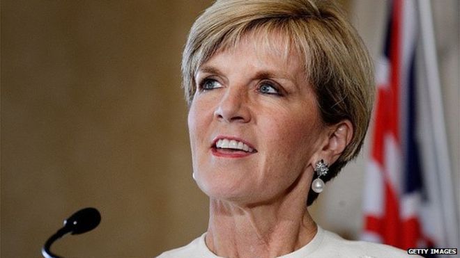 Министр иностранных дел Австралии Джули Бишоп обращается к средствам массовой информации во время пресс-конференции для AUKMIN в Адмиралтейском доме 2 февраля 2015 года в Сиднее, Австралия.
