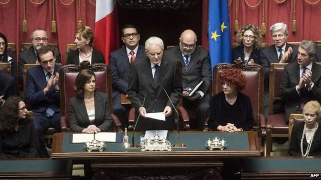 Серхио Маттарелла произносит свою первую речь в качестве президента перед парламентом в Риме, 3 февраля 2015 г.
