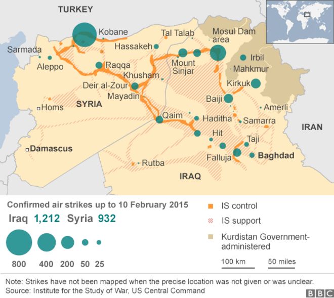 Карта, показывающая авиаудары по ИГ в Сирии и Ираке с 8 августа 2014 года
