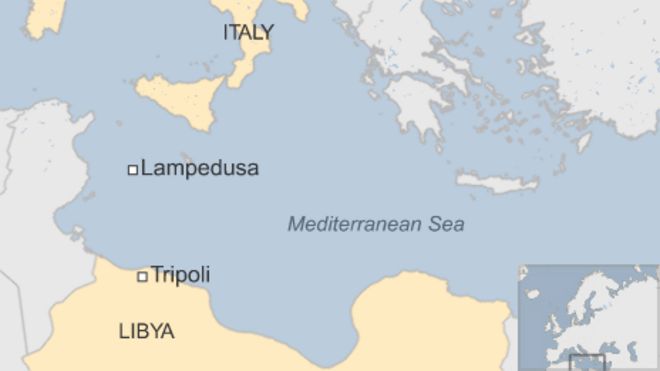 Карта Средиземного моря, на которой показаны Италия и остров Лампедуза, а также Ливия