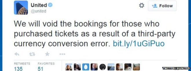 Tweet от United Airlines, подтверждающий, что он не будет принимать билеты, 12 февраля