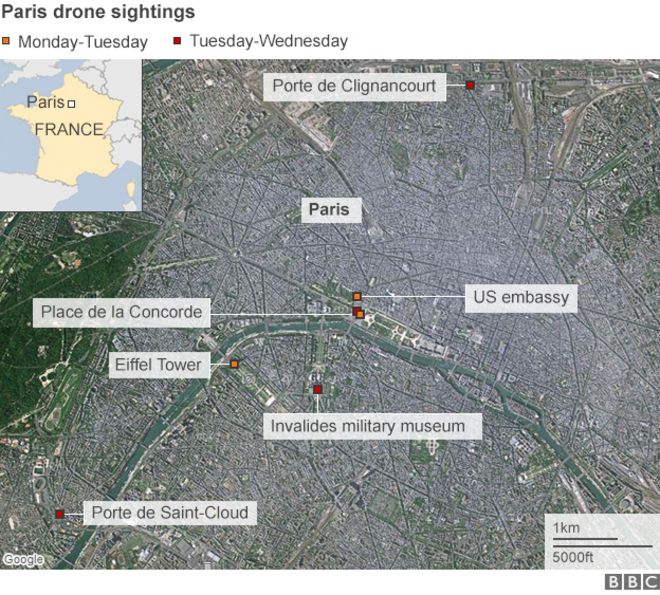 Карта, показывающая наблюдения дронов в Париже