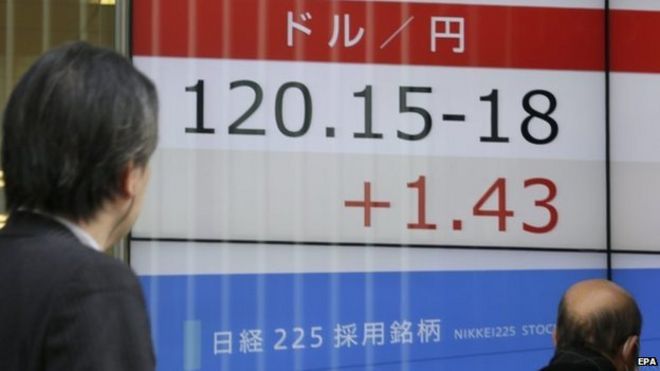 Монитор показывает обменные курсы в Токио