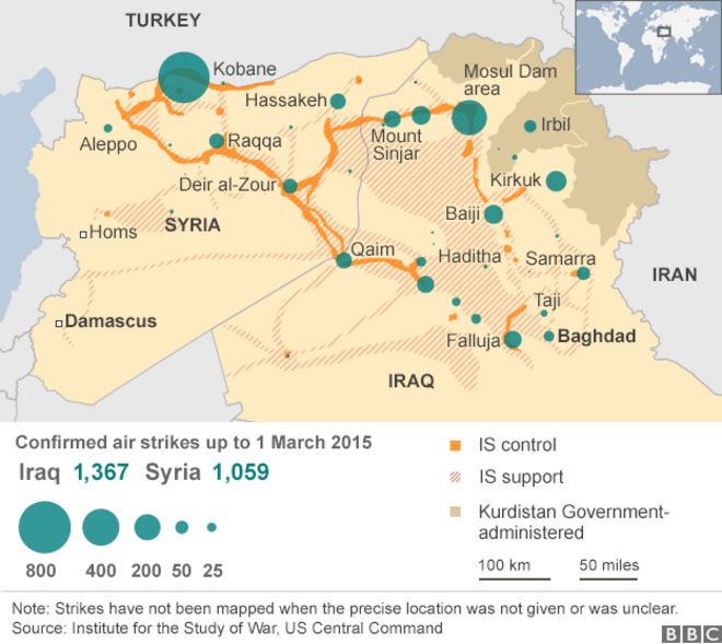 Карта, показывающая удары с воздуха по ИБ в Ираке и Сирии