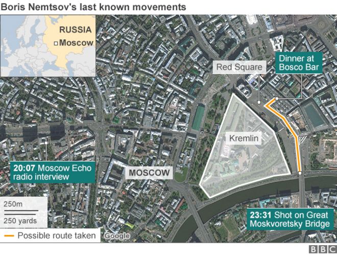 Карта последних известных движений Немцова