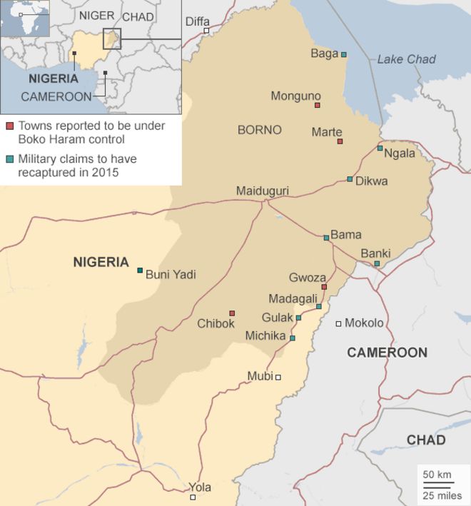 карта с указанием районов под контролем Боко Харам