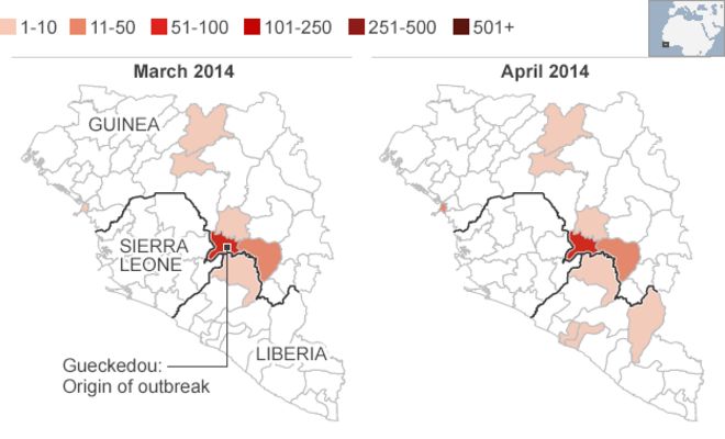 Карты распространения вируса Эбола, март и апрель 2014 года
