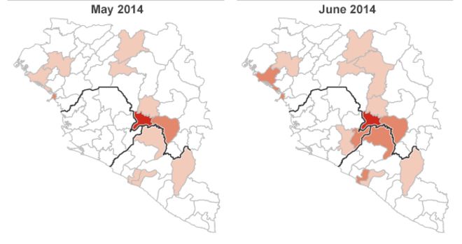 Карты распространения вируса Эбола, май и июнь 2014 года