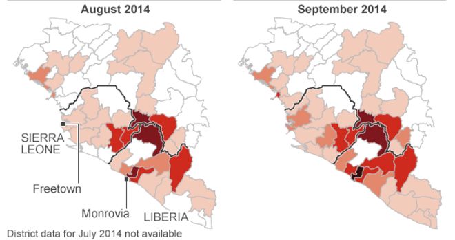 Карты распространения вируса Эбола, июль и август 2014 года