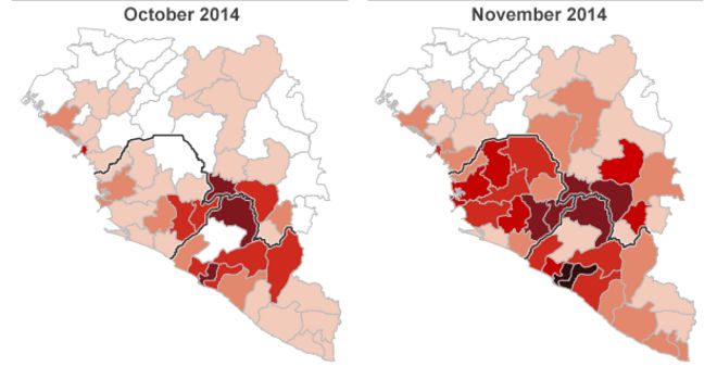 Карты распространения вируса Эбола, октябрь и ноябрь 2014 года
