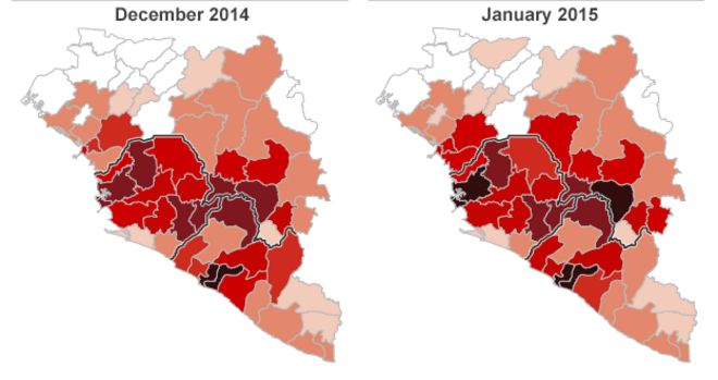 Карты распространения вируса Эбола декабрь 2014 г., январь 2015 г.