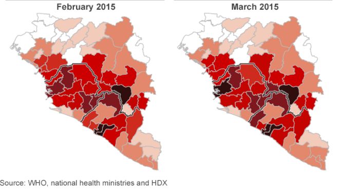 Карты распространения вируса Эбола, февраль и март 2015 года