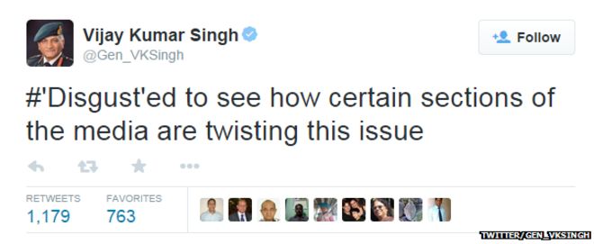 Tweet fom Gen VK Singh