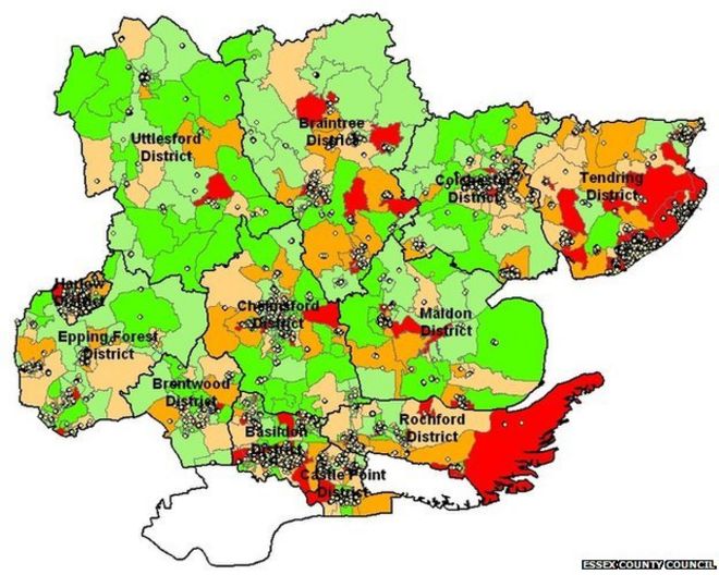 Карта, показывающая домохозяйства в Эссексе, потенциально уязвимые для одиночества и изоляции