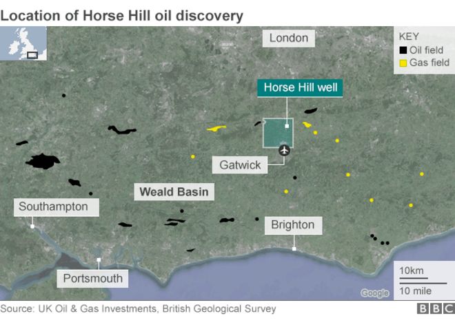 Карта, показывающая последние нефтяные находки в южной Англии