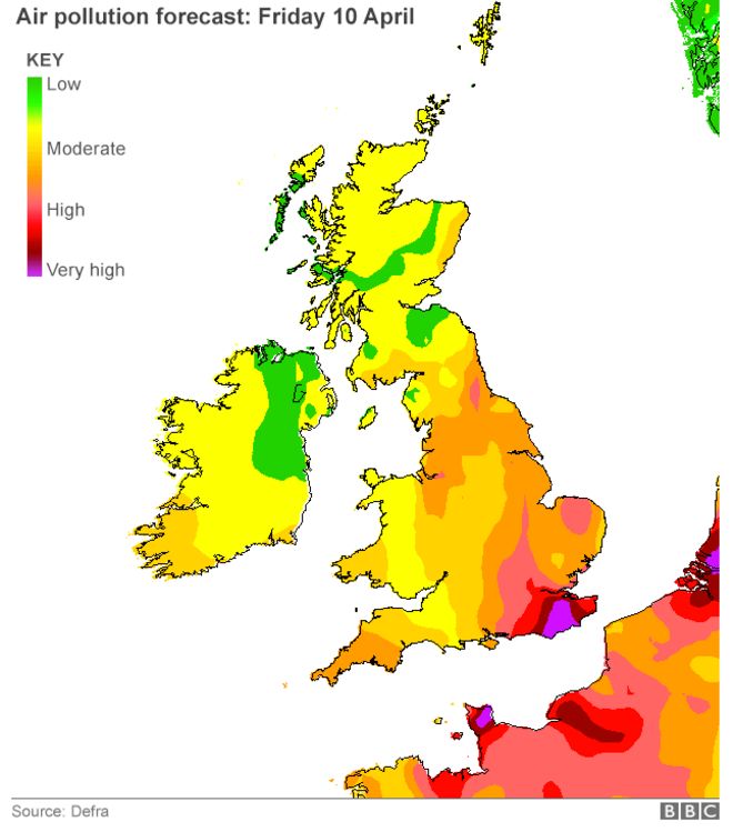 Карта прогноза загрязнения воздуха Великобритании - пятница, 10 апреля