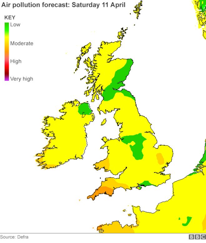 Карта прогноза загрязнения воздуха Великобритании - суббота, 11 апреля