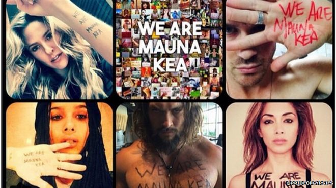 Смесь фотографий от знаменитостей, говорящих: Мы Мауна Кеа