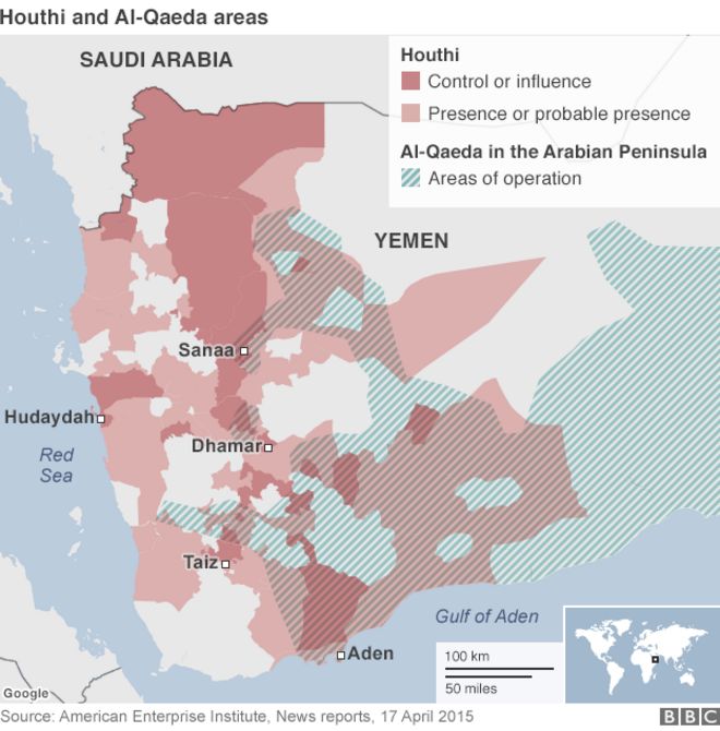 Карта с указанием районов Хути и Аль-Каиды в Йемене (22 апреля 2015 года)