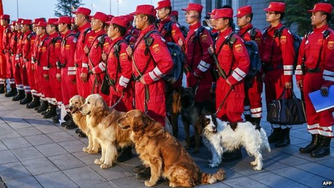 Китайский поисково-спасательный персонал и его поисковые собаки стоят в строю, готовясь отправиться в разрушенный землетрясением Непал из Пекина 26 апреля 2015 года.