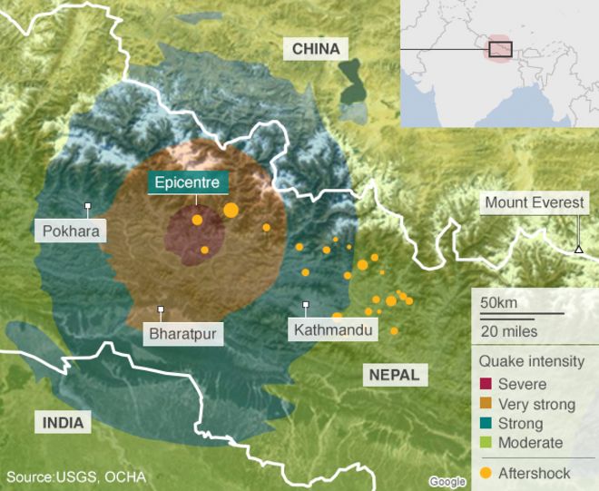 карта Непала с указанием районов, пострадавших от землетрясения
