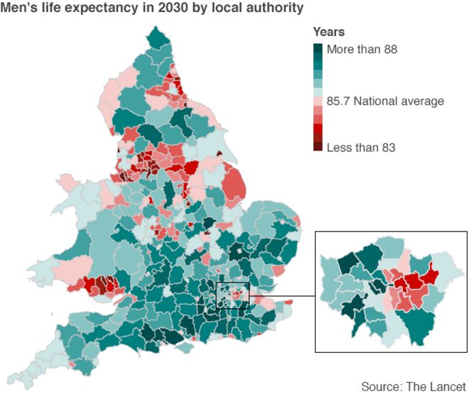 Ожидаемая продолжительность жизни мужчин в Англии и Уэльсе к 2030 году