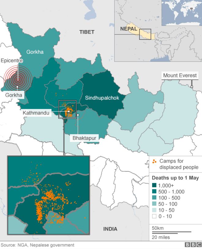 Карта Непала с указанием районов, пострадавших от землетрясения