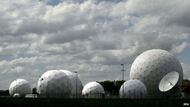 Купола радара расположены в помещении станции перехвата связи немецкого разведывательного агентства BND в Бад-Айблинге, Германия (7 мая 2015 года)