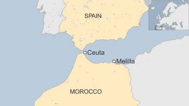 Карта Испании и Марокко с указанием анклавов Сеуты и Мелильи