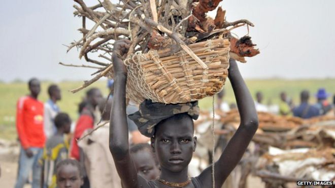 An internally displaced girl carries firewood in Ganyiel village of Panyijar County of Unity State on March 21, 2015