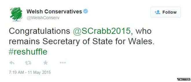 Валлийские консерваторы написали в Твиттере свои поздравления