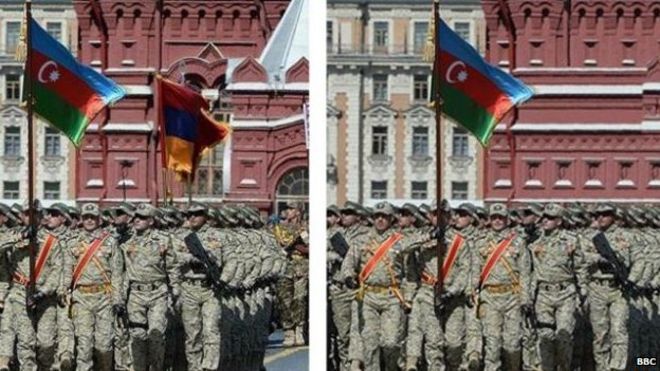 Two images side by side, one showing the Azeri flag on its own, the other showing the Azeri and Armenian flags together.