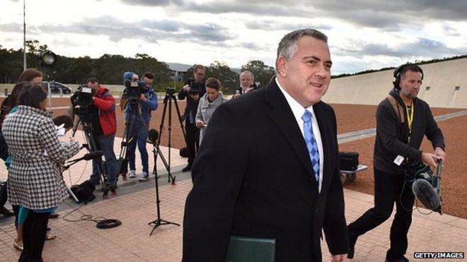 Австралийский казначей Джо Хоккей прибывает в здание парламента в Канберре
