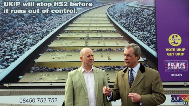 Найджел Фараж и кандидат от UKIP Крис Адамс перед плакатом, выступающим против HS2