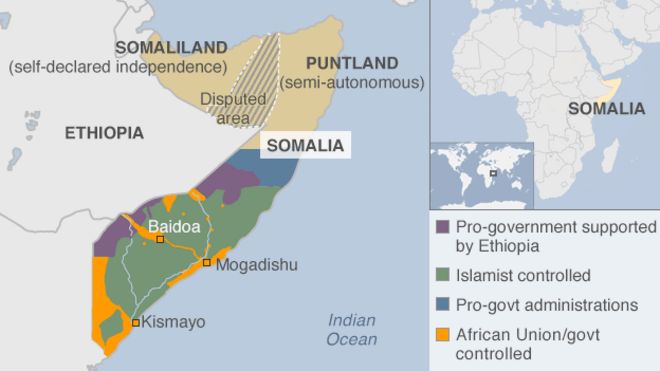карта, показывающая, кто контролирует какие части Сомали