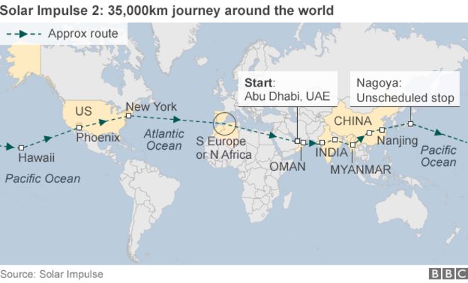 Карта путешествия Solar Impulse 2 по миру