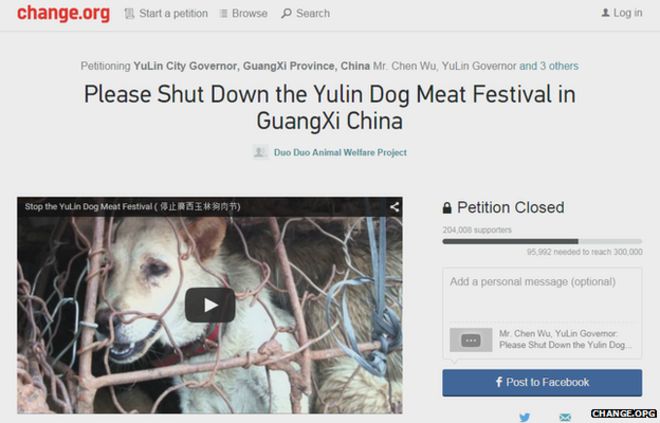 Кампания Change.org против фестиваля мяса собаки Юлинь