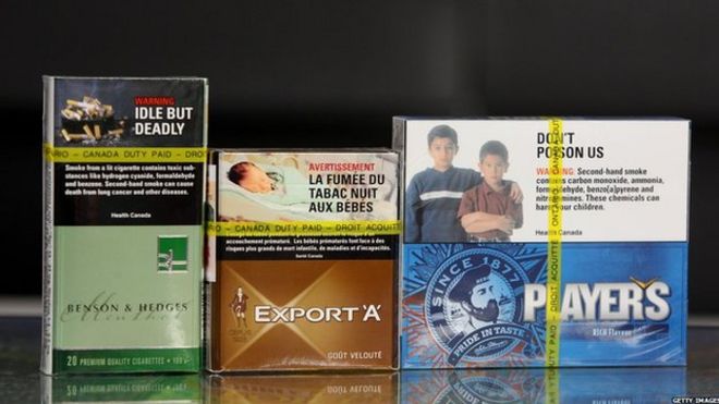 Текущие канадские пачки сигарет имеют серьезные предупреждения о вреде для здоровья