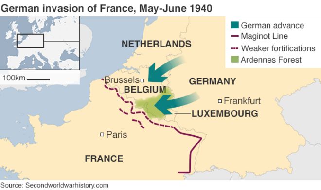 Карта немецкого вторжения во Францию, май-июнь 1940 г.